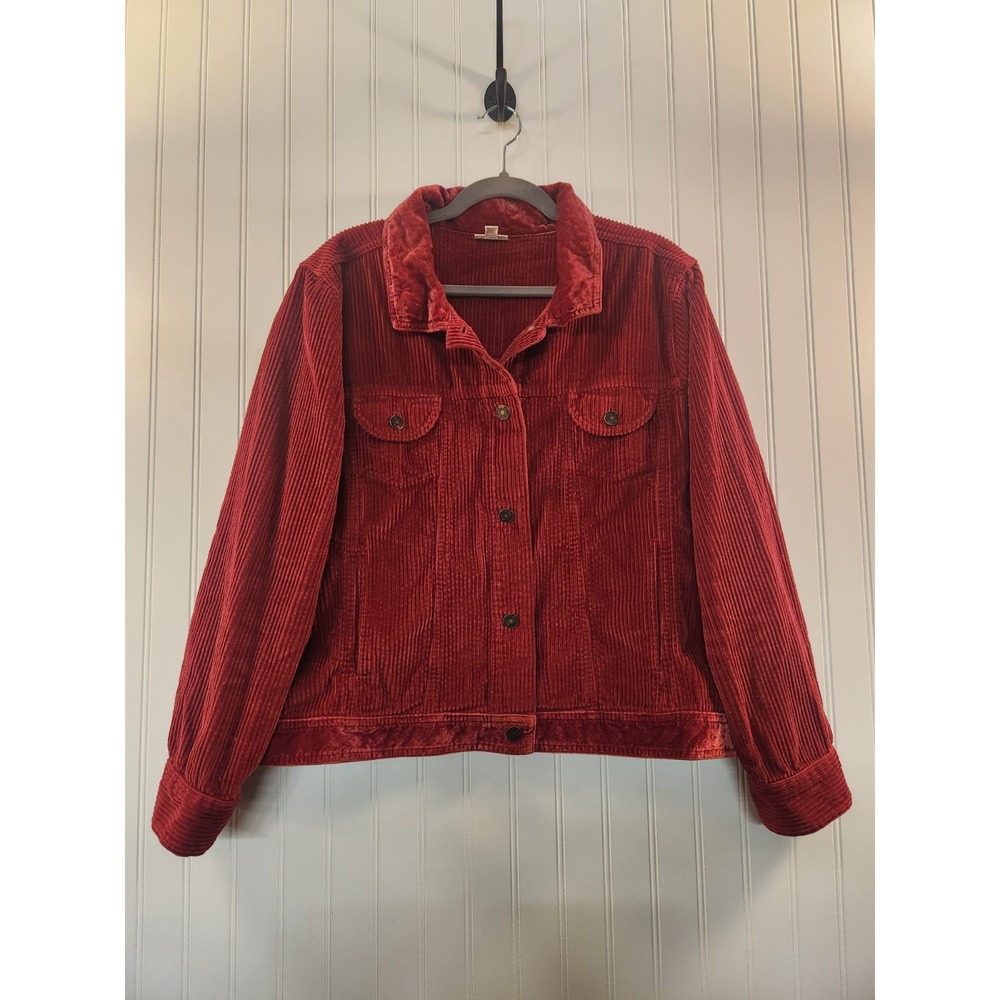 J.Jill Red Women's Velvet Collar Corduroy Jacket Size XL Retro Casual Plush Cozy